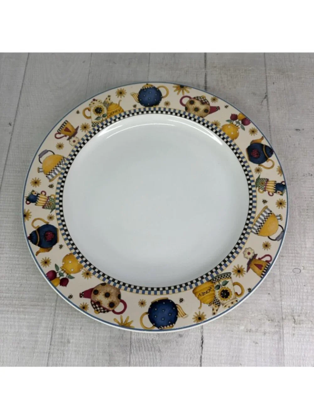 1998 Sakura Debbie Mumm TEAPOTS Various Cups Stoneware Dinner Plates Set of 2